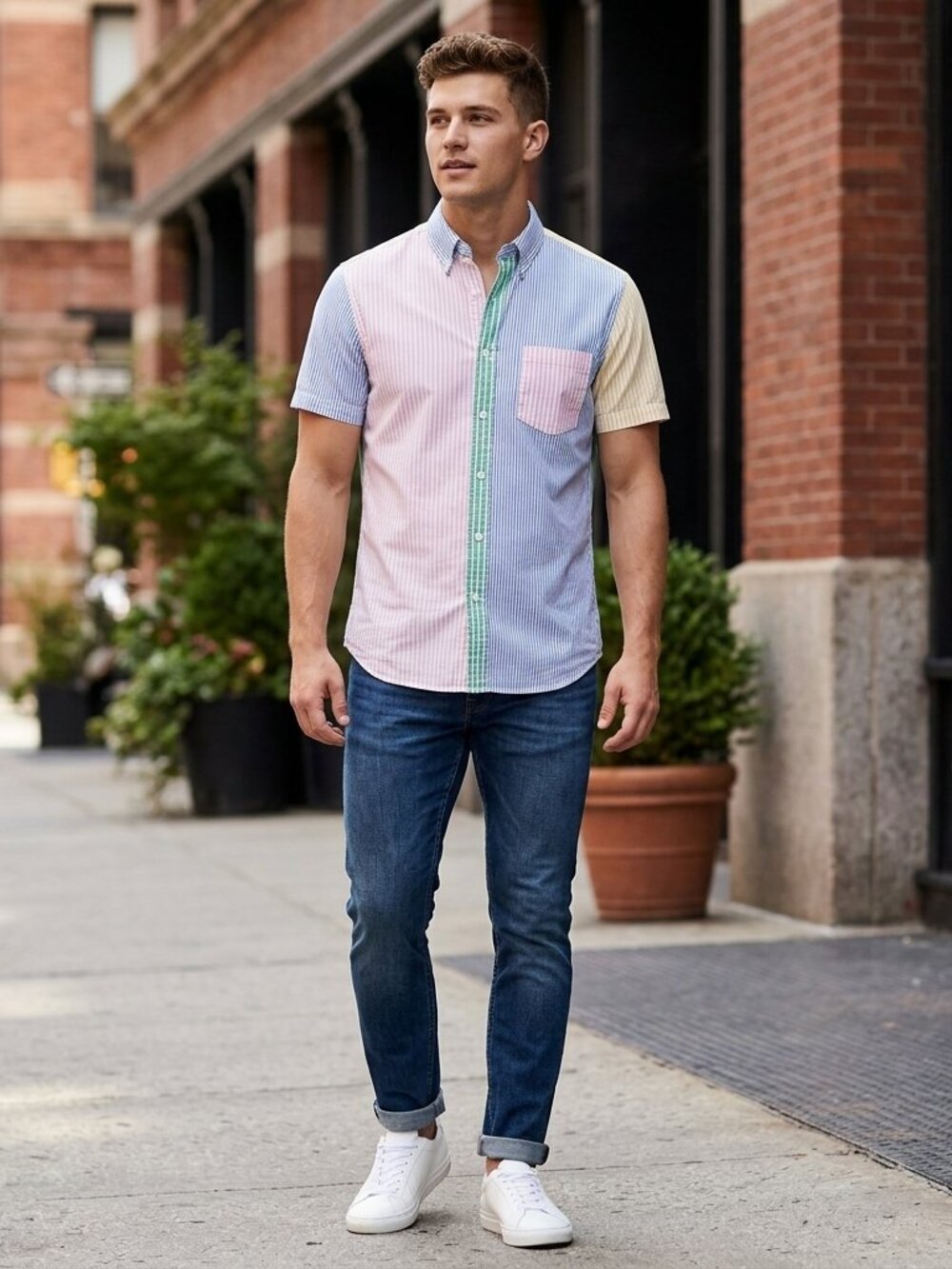 J.Crew Men's L Slim Fit Fun Stripe Multi-Color Short Sleeve Button Down Shirt 80